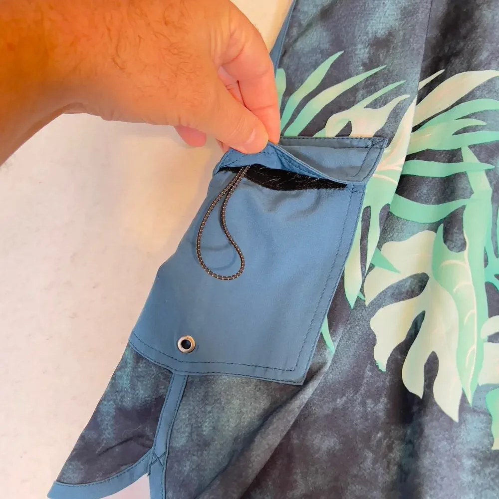 Quiksilver Bathing Suit Men 38W Side Pocket Hook/Loop Fly String Swim Beach Blue